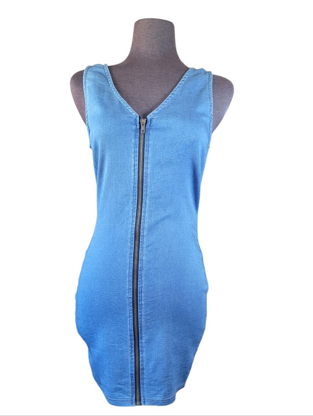 Iris Blue Zip-Front Bodycon Denim Dress Chambray